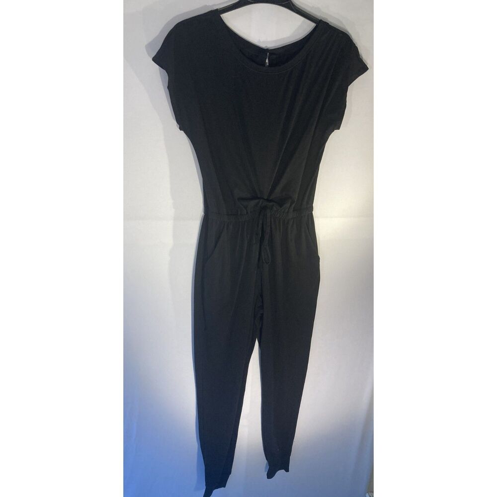 Black Short Sleeve Jogger Jumpsuit Drawstring Waist Romper